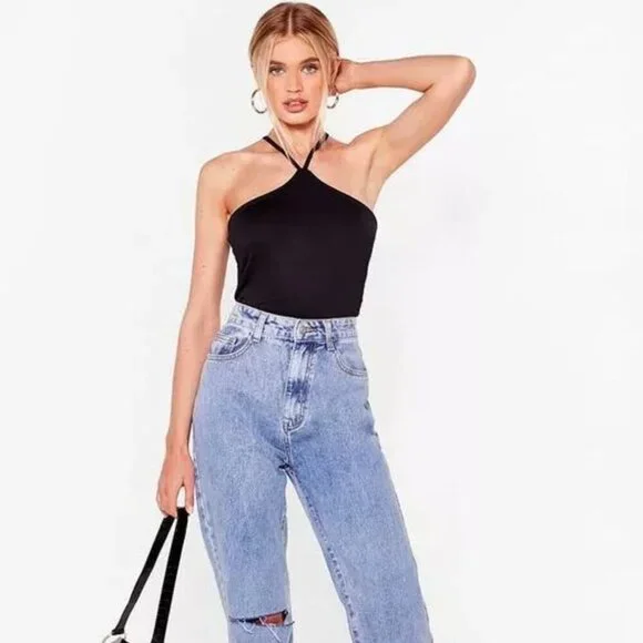 NWT Nasty Gal Black Slinky Cropped Halter Top - Size 10 - Picture 3 of 5